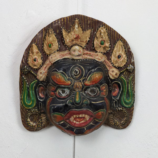 Vintage Nepal Bhairav Paper Mache Mask, Masque suspendu népalais peint à la main, Décor de maison de mur d’accent, masque bouddhiste vintage