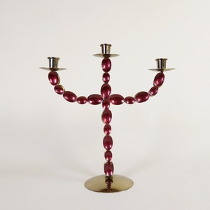 Vintage 3 Arm Swedish Brass And Pink Enamel Candelabra Candle Holder