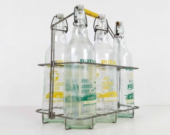 6 Lemonade Bottles In Folding Bottle Carrier, Vintage Glass Bottle From France, Retro Bottle Holder, French Kitchen Decor, Home Bar Decor