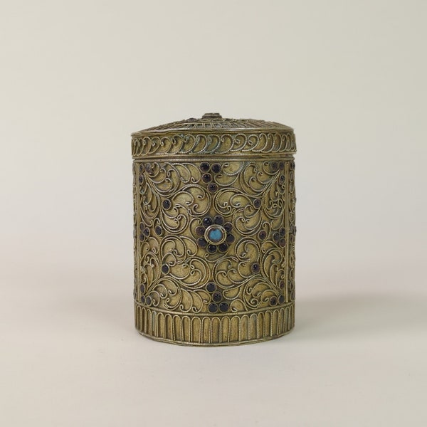 Vintage Tibetan Filigree Brass Trinket Box With Turquoise Inlay Stones And Black Glass Pebbles