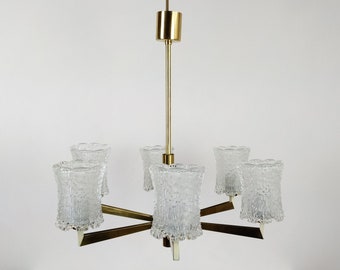 Vintage MCM 1960s 6 Arm Brassed And Pressed Frosted Crystal Glass Chandelier Light