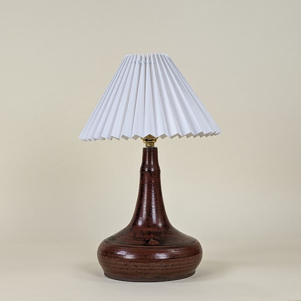 Vintage French Stoneware Studio Pottery Lamp With Pleated White Lamp shade