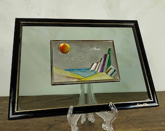 Vintage Framed Pewter on Glass Art, French Hand Painted Enamel on Tin Decorative Wall Hanging, Modernist Coastal Wall Art, 1980s Decor
