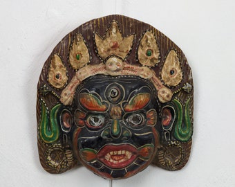 Vintage Nepal Bhairav Paper Mache Mask, Hand Painted Nepalese Hanging Mask, Accent Wall Home Decor, Vintage Buddhist Mask