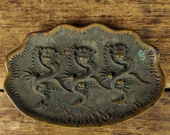 Antique Chinese Bronze 3 Yinglong Scholars Dragons Plaque, Bronze Chinese Mirror with Dragons, Chinese Relief Decorated Bronze Brush Rest