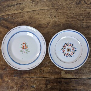 Może przedstawiać: Dwa białe ceramiczne talerze z niebieskimi i czerwonymi wzorami kwiatowymi. Talerze mają białe centrum z niebieskim obramowaniem i niebieski i czerwony wzór kwiatowy w środku.