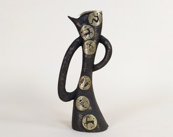 vintage 1950s Brutalist Zodiac Horoscope Brass Vase Sculpture