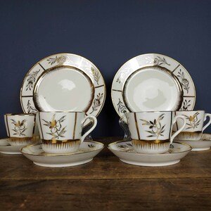 Set of 4 Vintage French Porcelain Cups And Saucers With 4 Cake Side Plates, Ceramic Espresso Cups, Paris Hotel Decor, Hollywood Regency