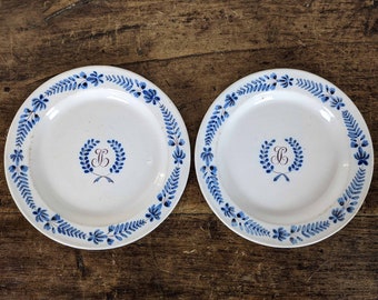 Pair Antique French Handpainted Blue And White JC Monogram Plate, Earthenware Monogrammed Faience Dish, 1800s French Ironstone,Delft Pottery