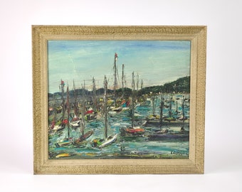 vintage scène de port français, peinture à l'huile côtière, art mural encadré des années 1960, peinture de port de voilier, scène de yachts marins