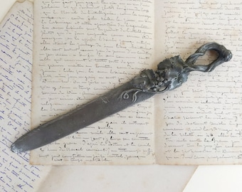 Vintage French Pewter Grapevine Low Relief Letter Opener With A Bunch Of Grapes And Faux Wood Handle, Mid Century Home Office Desk Decor