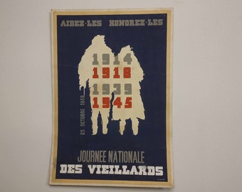 Vintage French 1950s Hand Painted Art Advertising Poster for National Elderly Persons Day France, Affiche Journee Nationale Des Vieillards