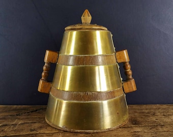 Vintage French Brass and Wooden Decorative Tankard Cup, New Years Souvenir Mug, Wooden Bar Decor, Handmade Barrel Tankard, Cabin Decor,Stein