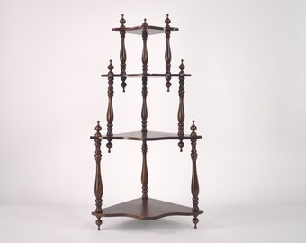 Vintage Dark Brown Three Tier Wood Shelf, Retro Wooden Spice Shelf, Classic Kitchen Decor, Standing Curio Display