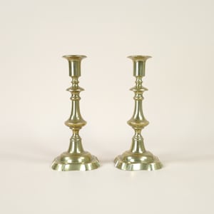 Pair Of English Victorian Brass Push Up Candlesticks, Queen Anne Style Candle Holders