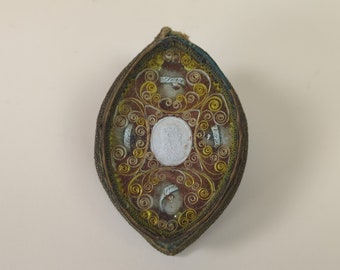 Ancien Relique religieuse des Quatre Saints avec Jésus en plâtre en taille-douce, Ancien chrétien de Paperolles de collection, Sainte icône reliquaire