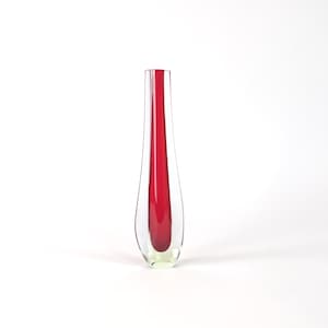 May include: A clear glass vase with a red glass insert. The vase has a rounded bottom and a narrow opening.