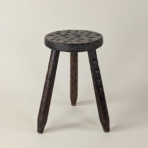 Vintage Mid Century 1960s French Or Spanish Tripod Peg Leg Brutalist Pine Wood Stool Or Flower Pot Plant Stand