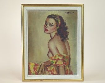 Peinture à l'huile française vintage, étude risquée d'une femme, peinture signée par l'artiste Harmine, oeuvre d'art murale encadrée des années 1950, décoration Mid-Century
