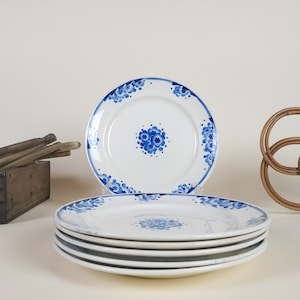 6 French Ironstone Pottery Plates With Blue Transferware Art Deco Flowers Decoration By Boch Freres, Rustic Ceramic Tableware