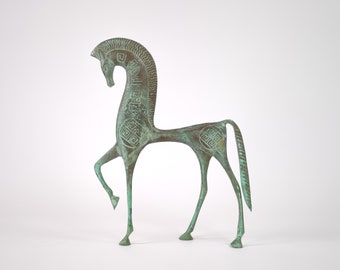 Grande statue de cheval étrusque vintage en bronze patiné de 13,5 po., figure de cheval grec moderniste du milieu du siècle à la manière de Frederick Weinberg