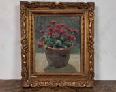Distressed Pot of Flowers Painting, Antique Paris Gallery Gilt Framed French Oil Painting of Red Daisies, Home Gallery Accent Wall Decor