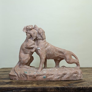 Antique French Hunting Hounds Plaster Statue Signed Cartier For Editions Deluen, Old Dogs Statue