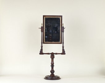 Antique George III Wooden Mahogany Pedestal Shaving Mirror With Ebonised Fruit Tree Wood Inlay