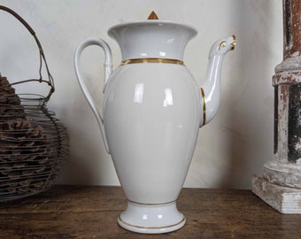 French White Vieux Paris Porcelain Coffee Pot And Lid, Antique 19th Century Neoclassical Ceramic Jug,Rustic French Tableware Pottery Pitcher