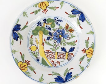 Antique 18th Century Dutch Delft Tin Glazed Earthenware Pottery Plate Or Shallow Dish With Flower Foliage And Chinoiserie Decoration