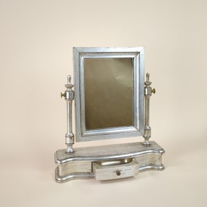 Vintage French Mid Century Wooden Vanity Mirror with Silver Finish and Drawer. 1960s Bedroom Decor, Original Make Up Furniture