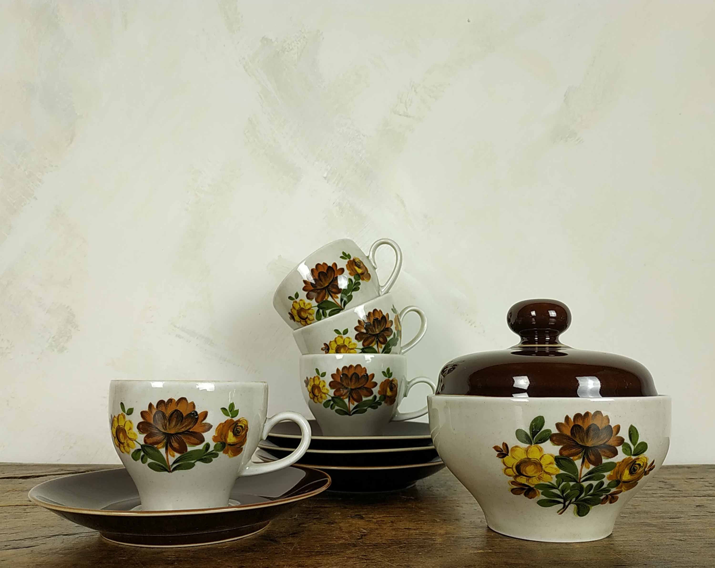 Vintage Winterling Marktleuthen Bavière Ceracolor 4 Tasses en Porcelaine et Soucoupes avec Bol à Suc