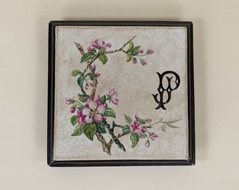 Antique French Hand Decorated Flowers Ceramic Trivet From 1895, Shabby Chic Paris Home Decor