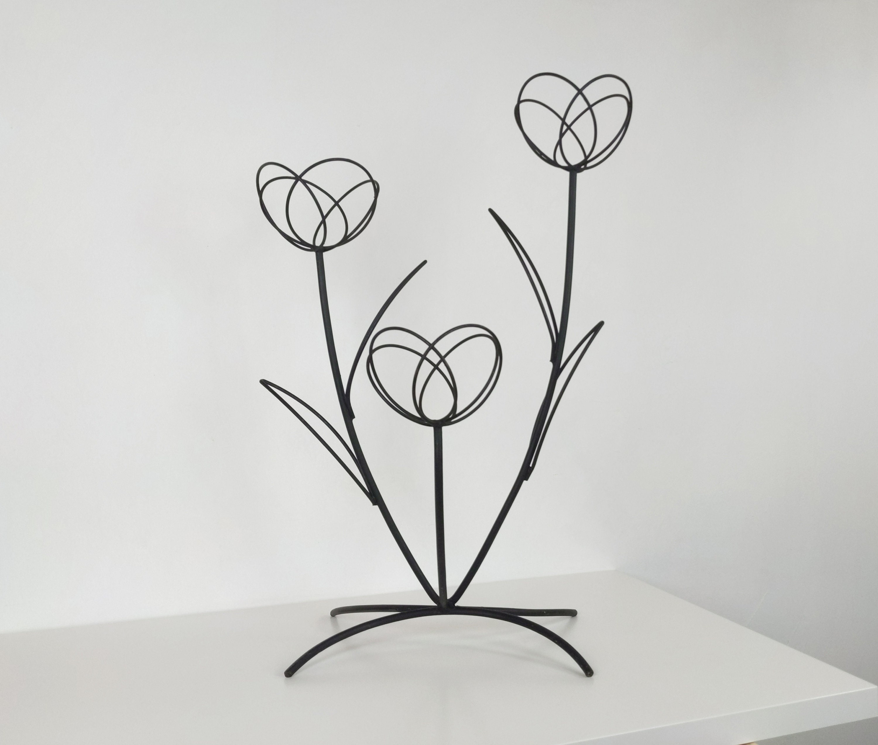 Grand Vintage Des Années 1950 Français Laqué Noir Fer Flower Pot Stand Pour Milieu Du Siècle Intérie