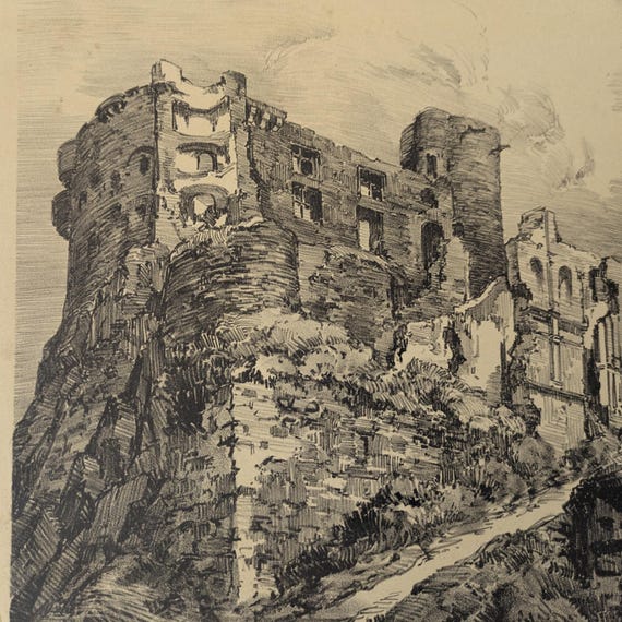 Antique Julien Lacaze Engraving of Exterior of Castle Ruins France