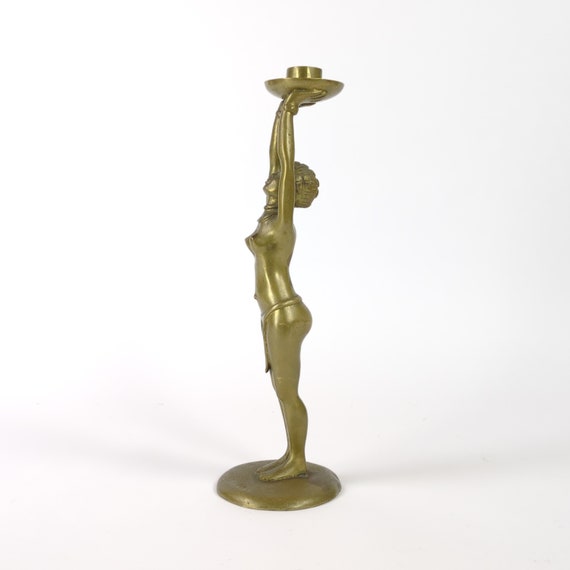 Bougeoir Art Déco Walther & Sohne – Verre Dépoli, Femme Nue, 2 Pièces, Allemagne