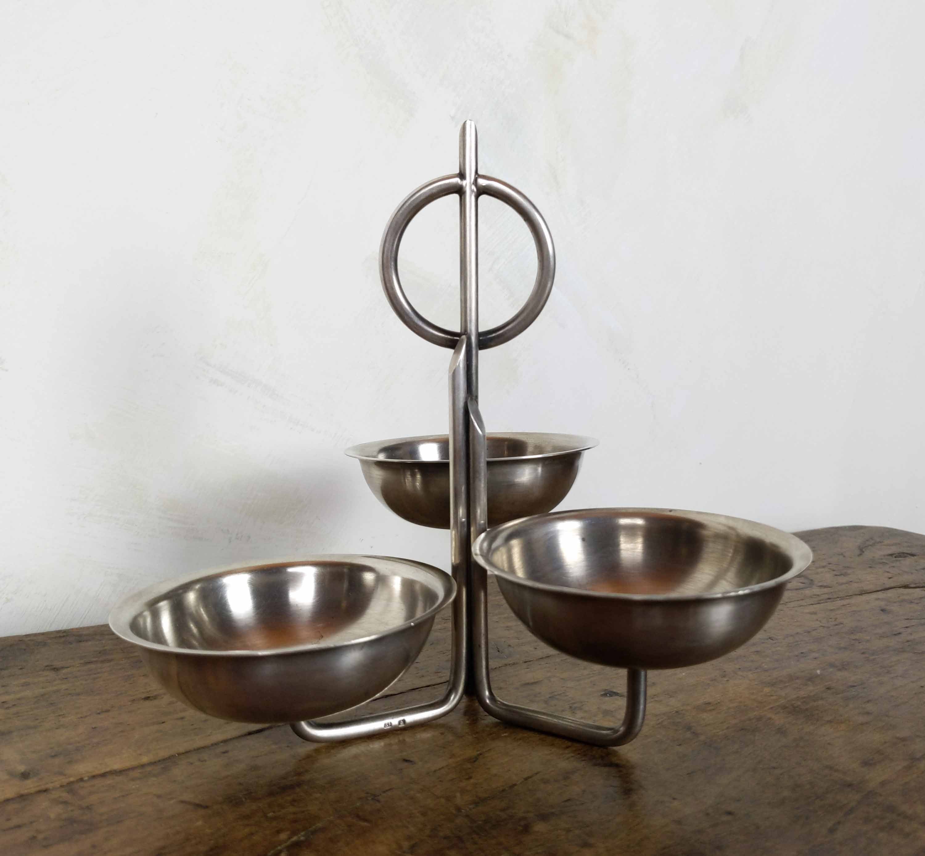 A Français Modernist 1930 - 1950 Tiered Triple Bowl Condiment Serving Tray With Handle, Signed Vinta