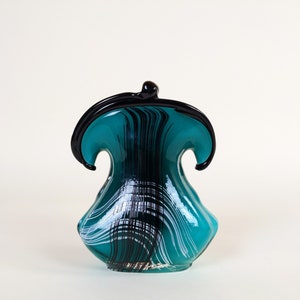 Vintage Green And Black Italian Murano Italy Glass Flared Purse Shaped Flower Vase image 3