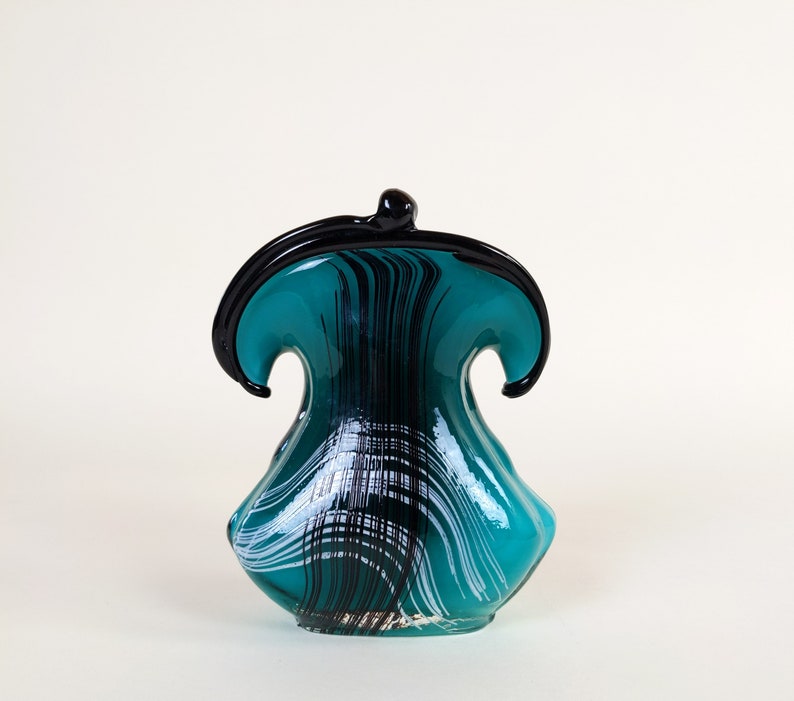 Vintage Green And Black Italian Murano Italy Glass Flared Purse Shaped Flower Vase image 3