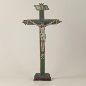 Antique 18th Century Hand Carved Polychrome Wood Christ Crucifix Skull Crossbones Folk Art Religious Sculpture Spanish Religious  Decor