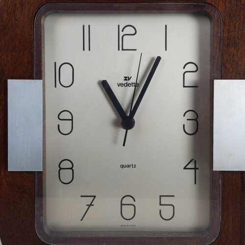 French Vintage Art Deco Revival Teak Wood And Glass Wall Clock By Vedette shops 1980s