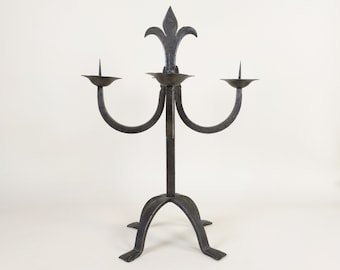 Huge French Wrought Iron Hand Forged Iron Candle Holder Chandelier, Large Rustic Fleur De Lys Candlestick From France