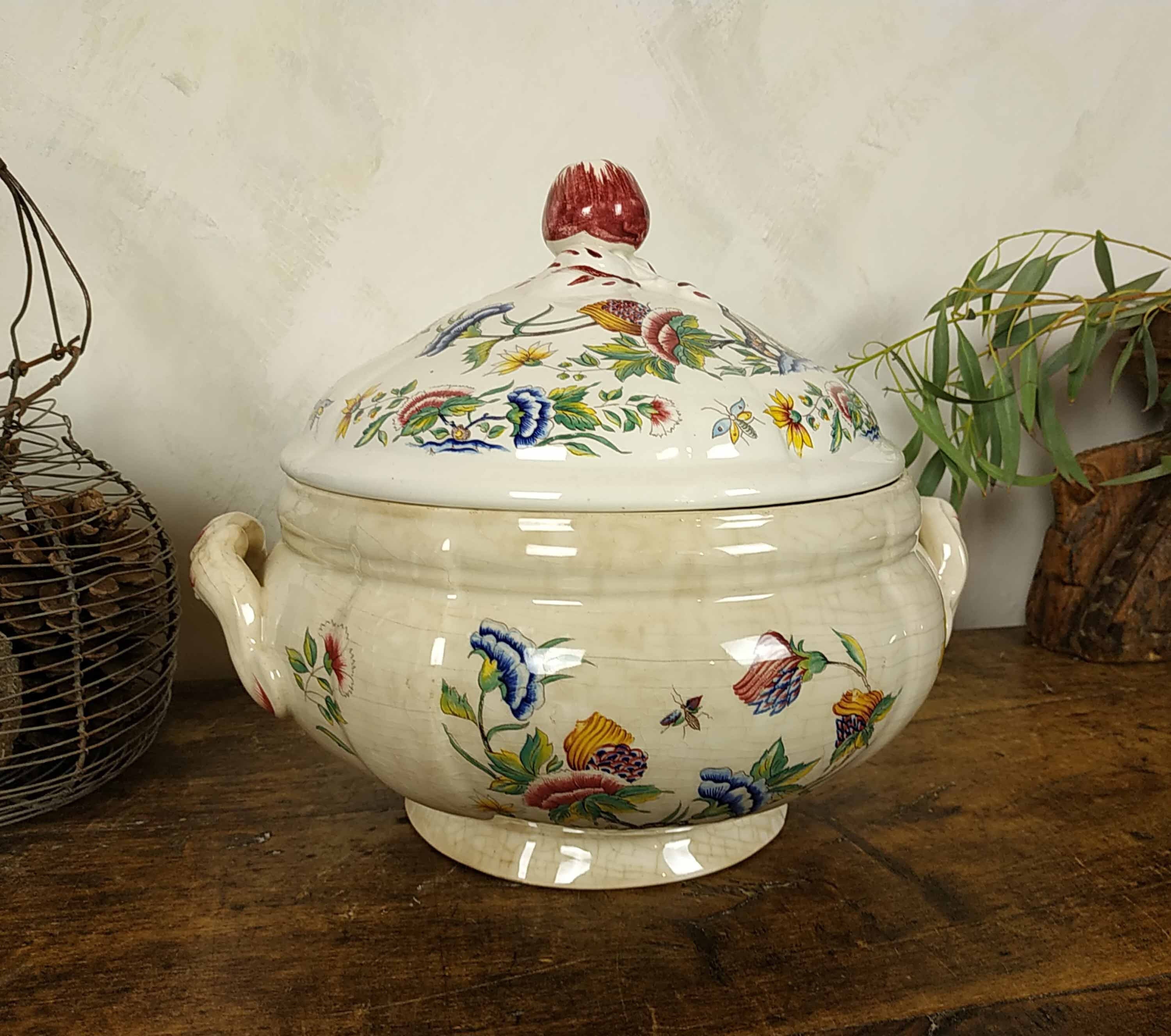 Vintage Distressed Français Sarreguemines Rouen Ironstone Soup Tureen With Scrolled Handles, Retro C