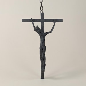 Large Vintage Brutalist Crucifix French Mid Century Cast Iron Wall Cross MCM Religious Art Sculpture Architectural Spiritual Home Decor