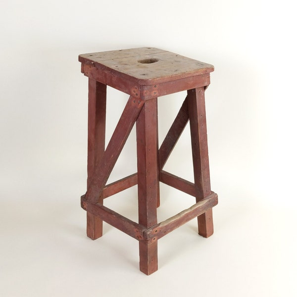 Primitive Antique 1920s Rustic French Four Leg Wood Stool For A Machinists Atelier In Wabi Sabi Style