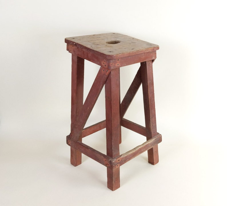 Primitive Antique 1920s Rustic French Four Leg Wood Stool For A Machinists Atelier In Wabi Sabi Style image 1