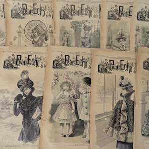 10 antieke Franse 19e eeuw Le Petit Echo De La Semaine Parijs damesmodetijdschriften, rekwisieten decorontwerp fotografie Franse ephemera oud document