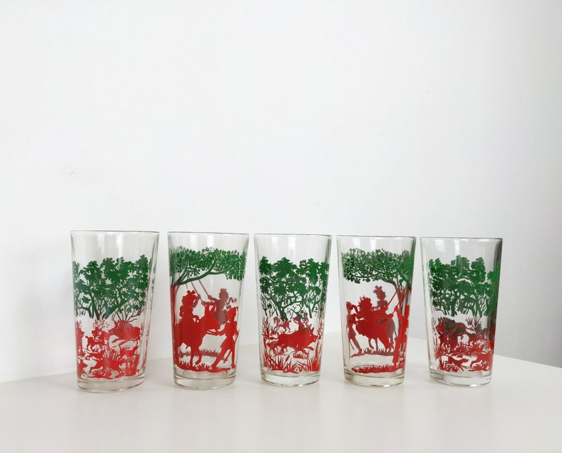 Set of 5 1960s French Red And Green Fairytale Glasses, Vintage Glass Tumblers, Retro Liquor Glasses, Original Home Barware image 1