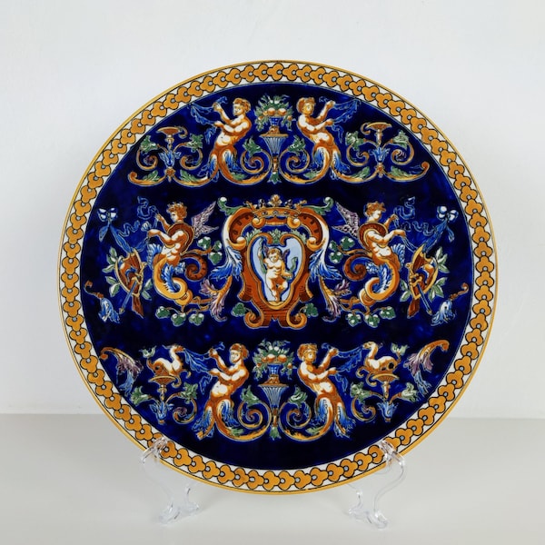 Grand Français Gien Poterie Bleu Cobalt Royal Peint à la main Style Renaissance Chérubin Et Putti Plat