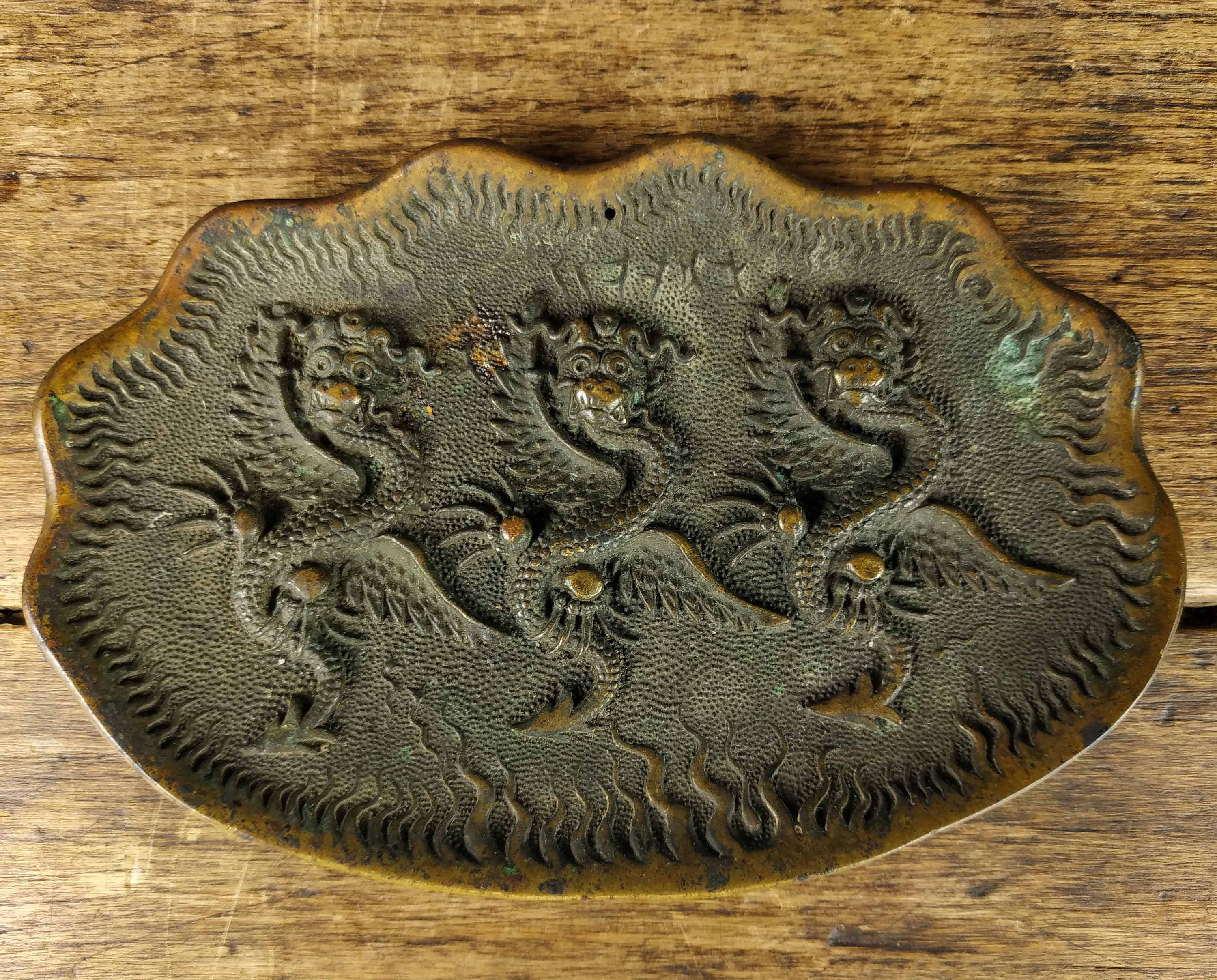 アンティーク中国青銅3英龍学者龍飾り額、龍が描かれた青銅製中国鏡